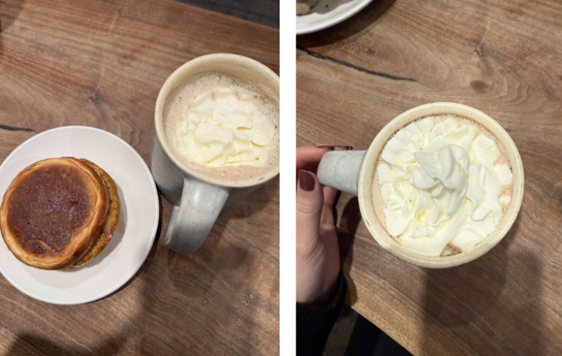 Photo of hot chocolate and a egg, salmon + lemon-dill sammie