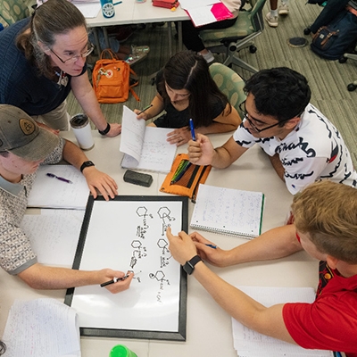 A photo of an organic chemistry class with Senior Lecturer Catherine Welder talking with students