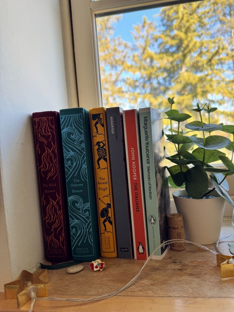 The Iliad, The Odyssey, The Aeneid, Augustus, The Italian, and Memoirs of Hadrian lined up on my windowsill. There is a fake plant and some other small mementos surrounding the books.