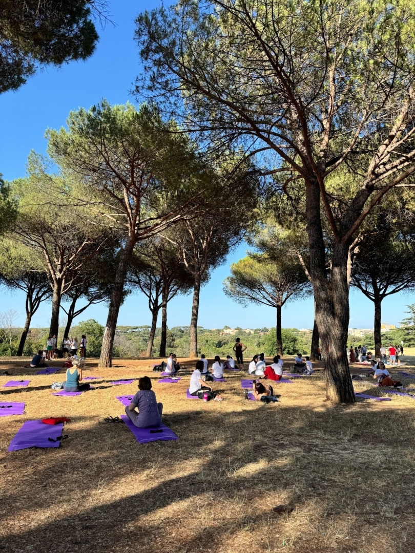 An outdoor yoga class at Villa Pamphili in Rome. Many people are sitting on purple yoga mats in the dry grass among the tall trees on a summer day.