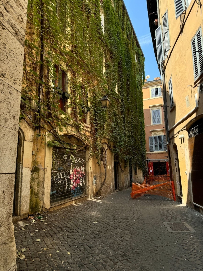 A yellow building in an alleyway in Rome almost completely covered in green vines
