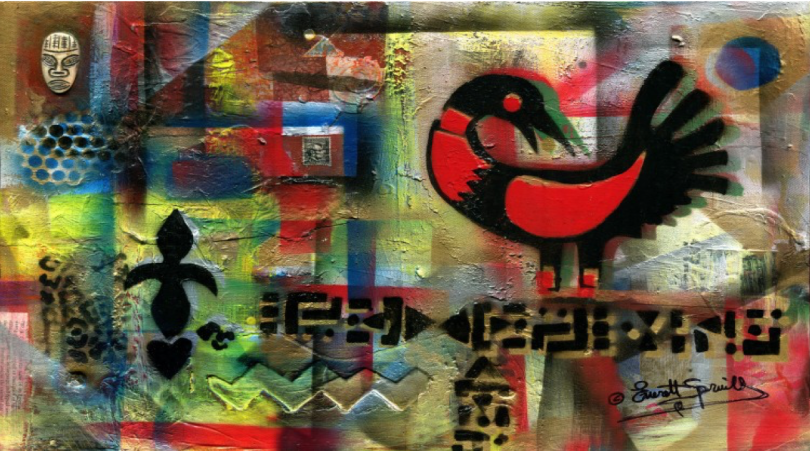  An artwork consisting mainly of yellow, blue and red. The main distinguishable shape is a bird painted in black and red on the right side. There is an African mask on the top left.