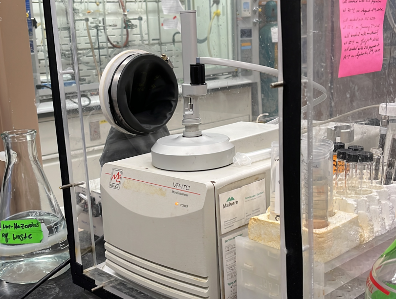 A picture of an isothermal titration calorimeter in a chemistry lab