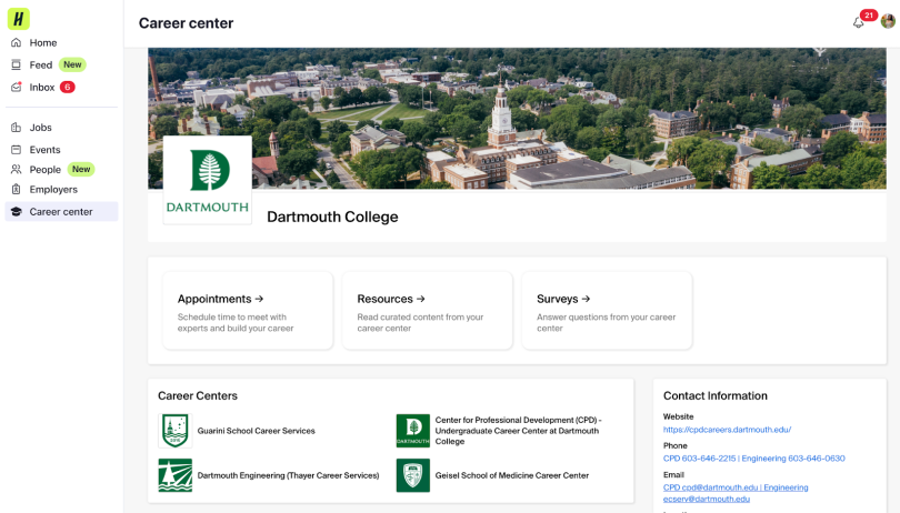 An image of the Handshake home page for Dartmouth College with all the provided resources