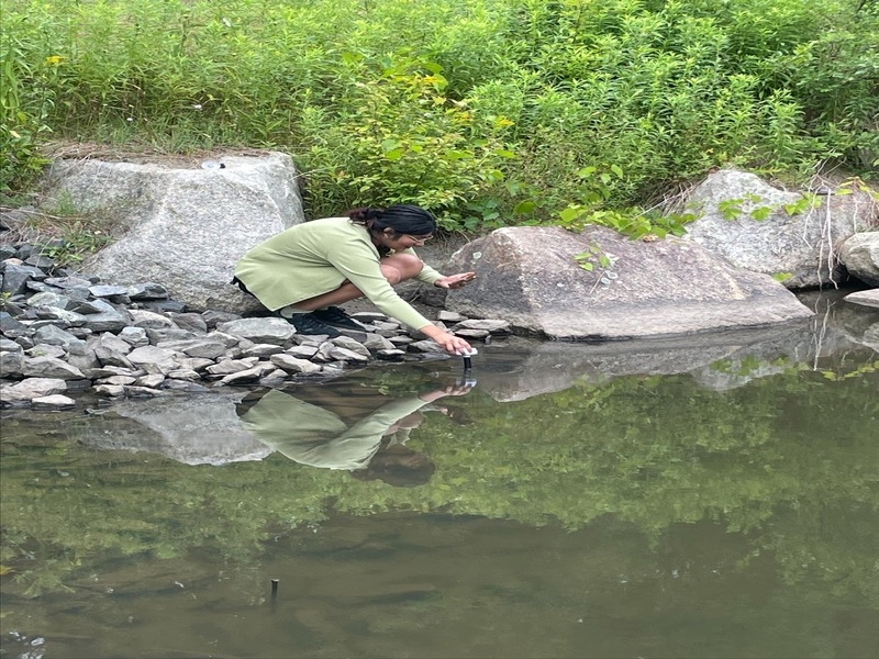a student dipping a probe into a pond