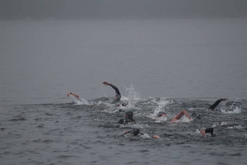 A group of triathlete swimming into the distance in foggy weather.
