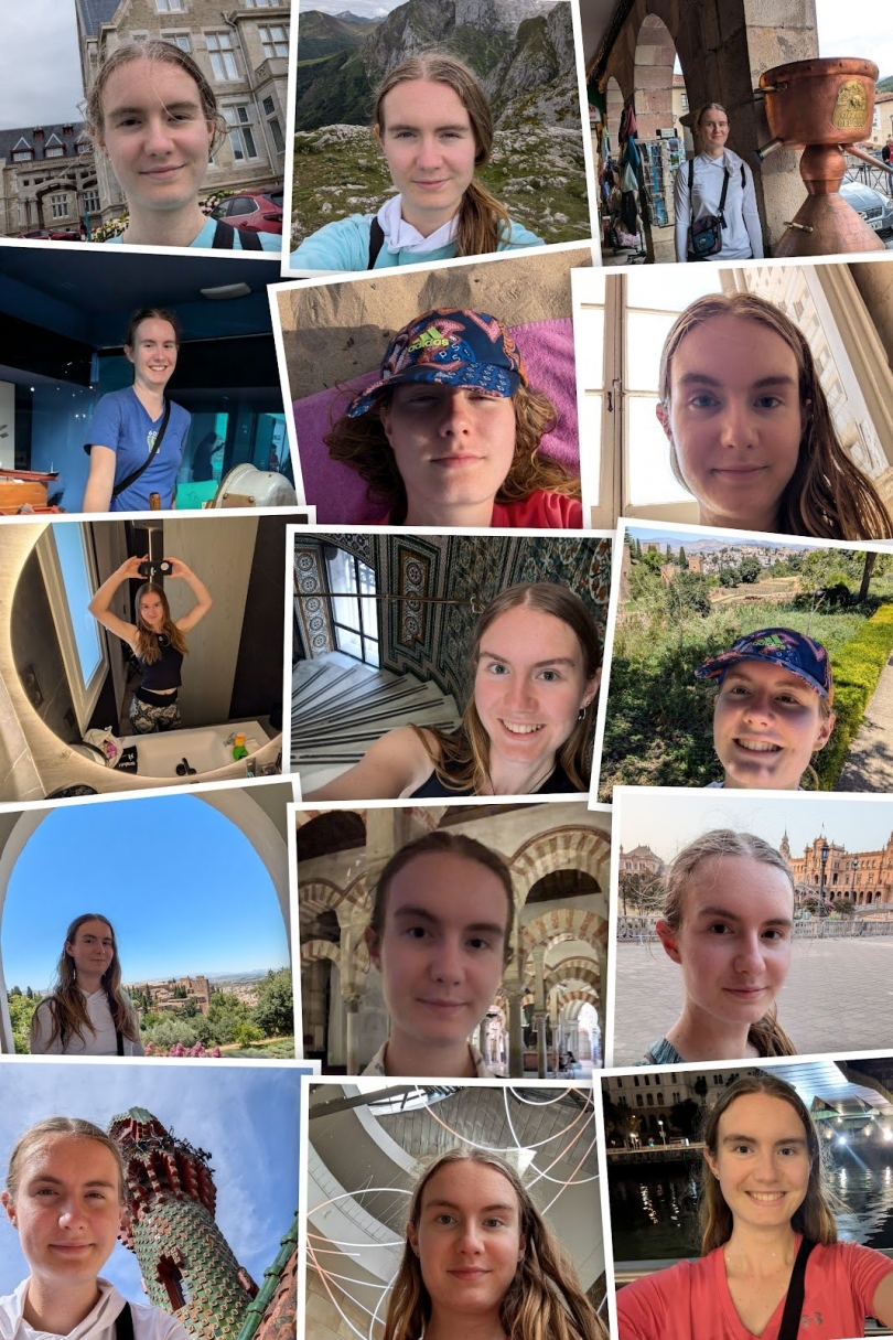 This is a collage of photos of the author of this post, Lily, from her recent Summer in Spain on a language study abroad term. There are 15 photos in total arranged in a 3x5 format. 