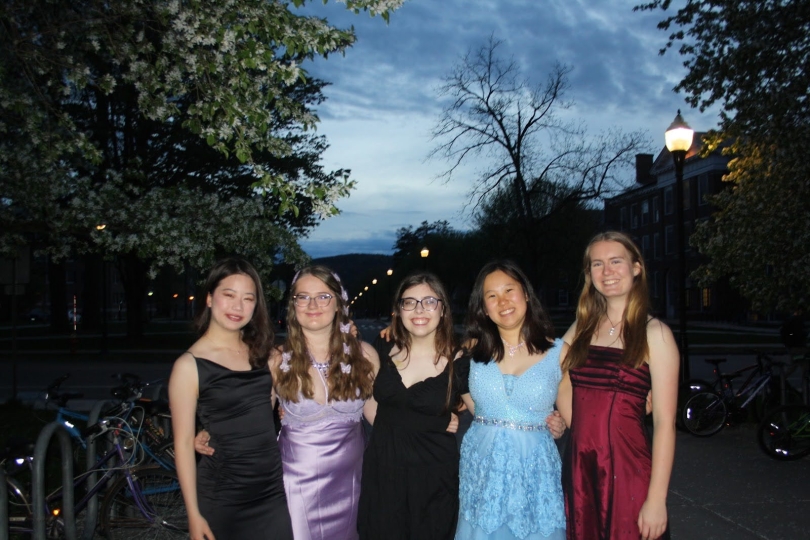  Five girls, including Lily, who are friends. We are dressed in dresses that are black, purple, blue, and magenta (a purple/red color). Tuck Mall drive is in the background and it is getting dark out. The sky is grey and blue.