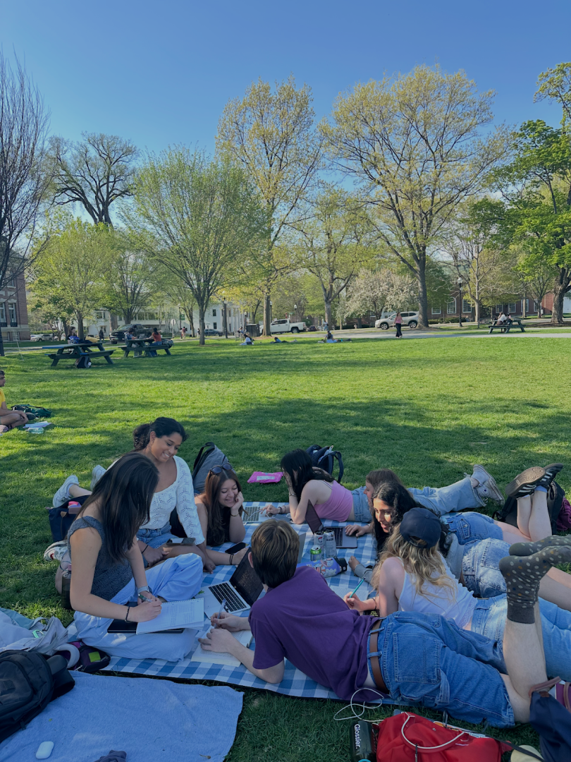 Students laying on a picnic blanket doing homework.