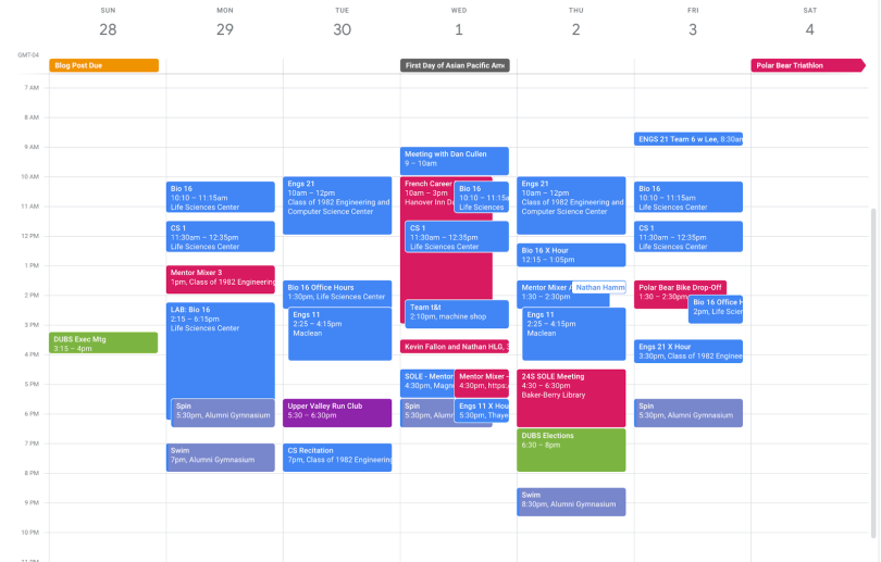 A color-coded student schedule displaying classes and other commitments in blue, red, green, and purple.