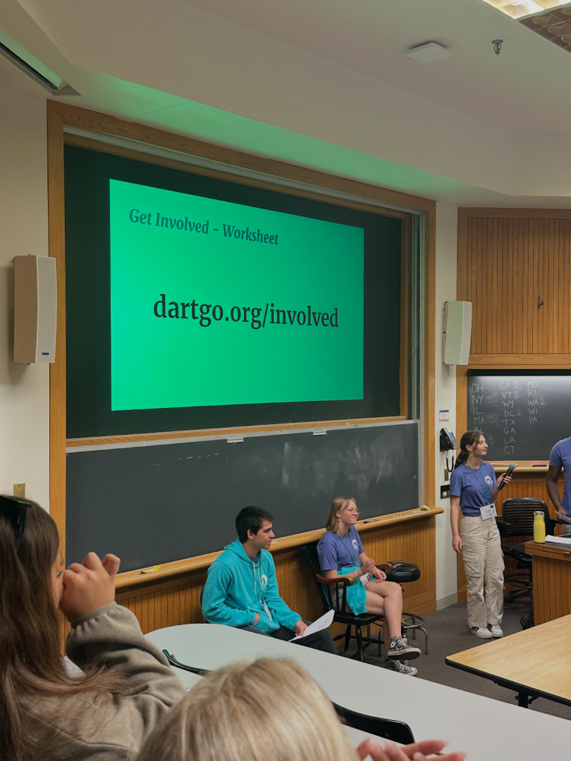 Students speaking at the front of the room to others.
