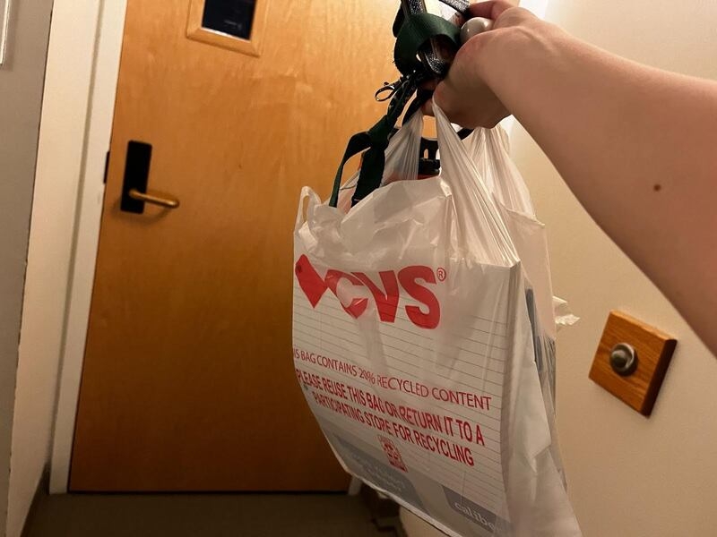 A picture of a shopping bag with some items