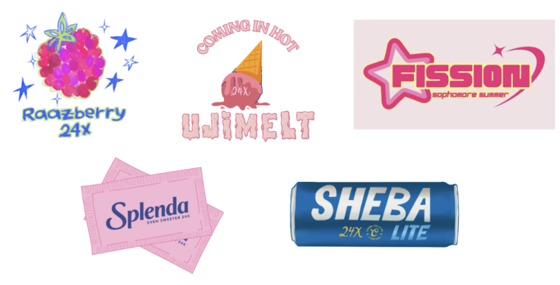 an image of five different logos for each summer dance group. Left to right: Raazberry, Splenda, Ujimelt, Shebalite, Fission 