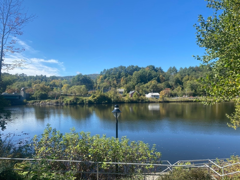  In the front of the image are metal railings. Directly beyond the railings, you can see a river and you can see buildings and trees on the other bank of the river. The sky is bright blue and cloudless, allowing it to reflect on the surface of the water. 