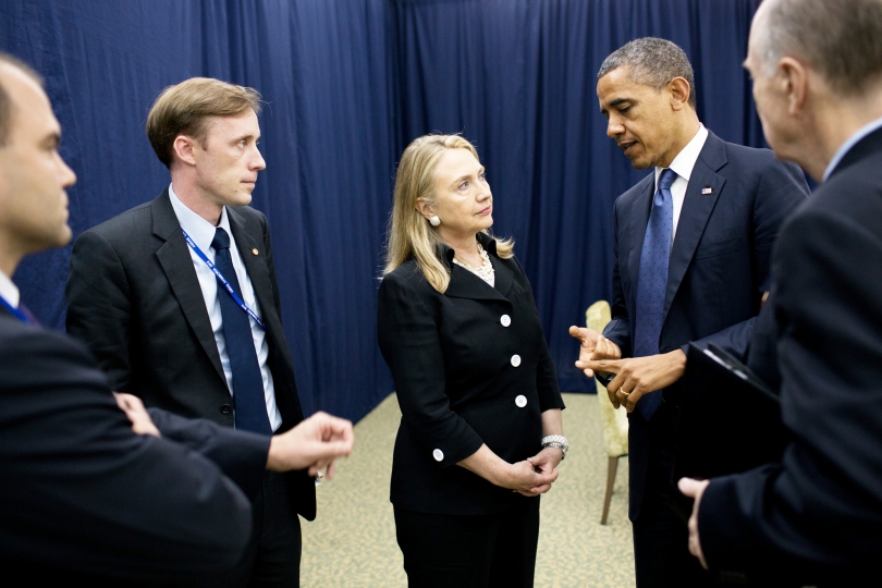 Jake Sullivan speaks with Secretary of State Hillary Clinton and President Barack Obama during the Obama administration. Sullivan was deputy chief of staff for Clinton and later became a national security adviser to then-Vice President Joe Biden.