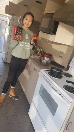 Getting ready to cook in the communal kitchen