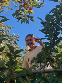 Abbi standing on a ladder and holding an apple, surrounded by the leaves of an apple tree.