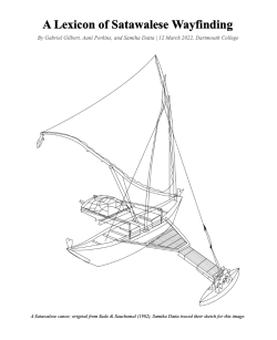 Image of a Satawalese waa, or voyaging canoe; the image is sketched from a drawing by Sudo and Sachomal (1982).