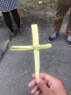 A palm leaf cross I made during Aquinas House's Palm Sunday service