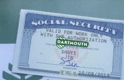 A picture of my social security card with a beautiful Dartmouth backdrop