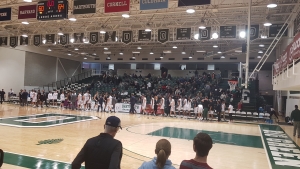 Players shaking hands after the game