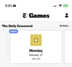 A screenshot of my NYTimes Crosswords app, featuring a Monday crossword finished in 13 minutes and 27 seconds