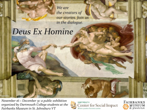 A graphic showing an reversed image of "The Creation of Adam" with the phrase Deus ex Homo, which means God from man and was the title of my class's exhibit.