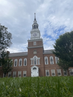 a picture of baker tower against a blue sky 