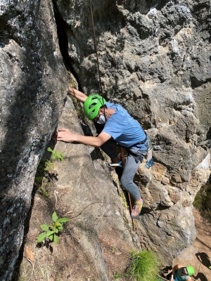 A picture of Owen at the crux of the climb.