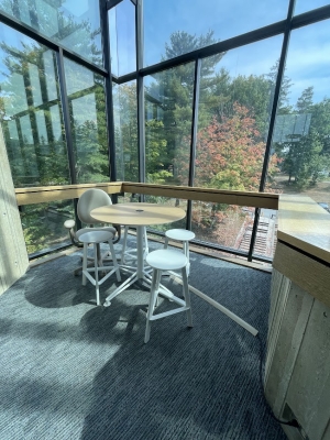 a picture of a table surrounded by chairs in front of a tall glass wall from which the red-and-yellow maple trees of College Park are visible