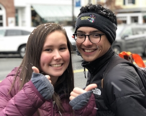 They were loving first snowfall! Hubert and Aaní at the bus stop!