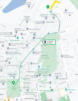An image of a parking map showing a highlighted parking area and a walking route