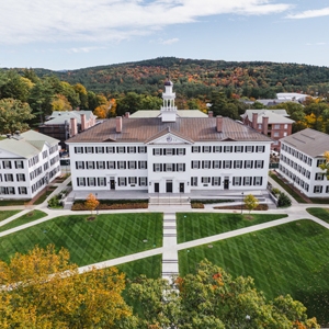 A photo of Dartmouth Hall in the fall taken with a drone
