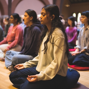 A photo of students meditating in Rollins Chapel 