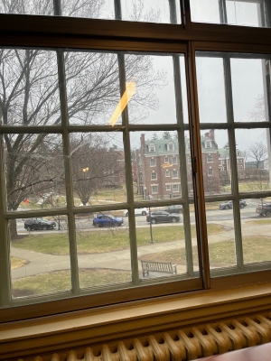 Through a window you can see grass and buildings on a cloudy day
