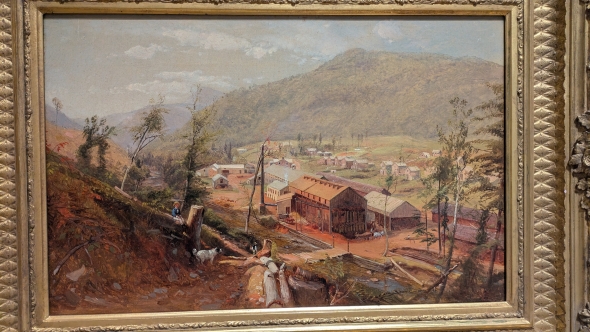 This is a photo of a framed painting in the Hood collection that depicts a logging operation in the Catskills of New York.