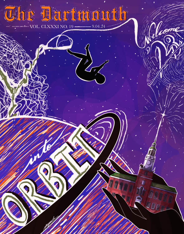 A silhouette of a hand holding Baker Tower, a floating human silhouette, planets, and stars. 