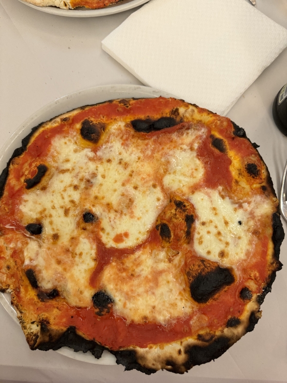 A personal pizza sitting on a plate with red sauce and buffalo mozzarella.