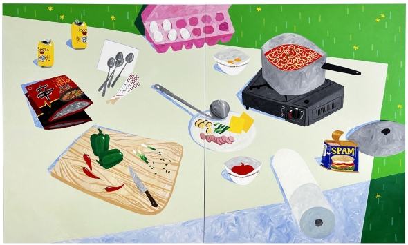 An abstract painting featuring a picnic with budae-jigae, a type of Korean soup, with bright colors 