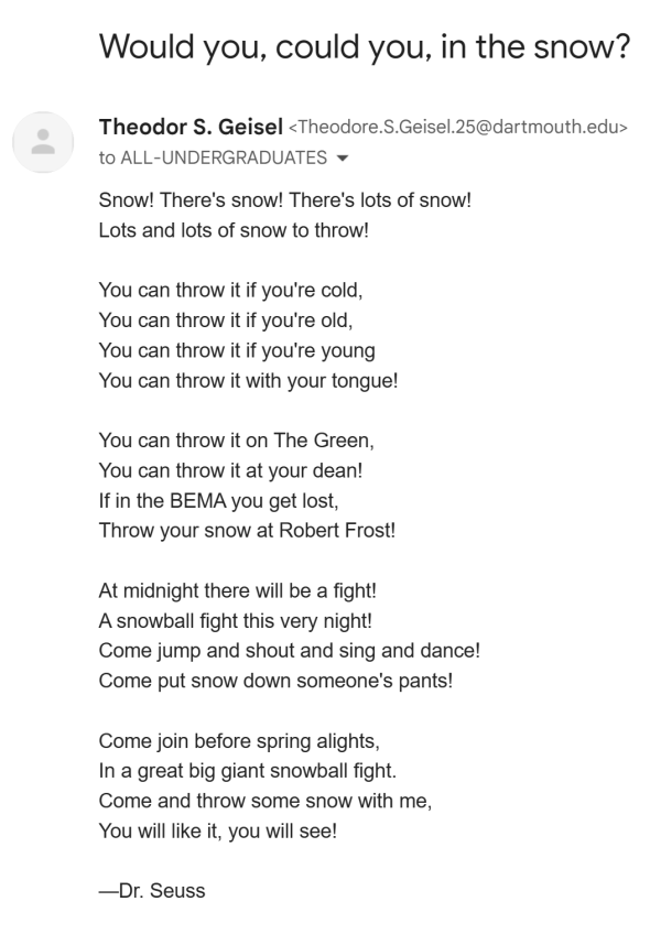 A screenshot of an email from Dr. Seuss inviting students to a snowball fight 