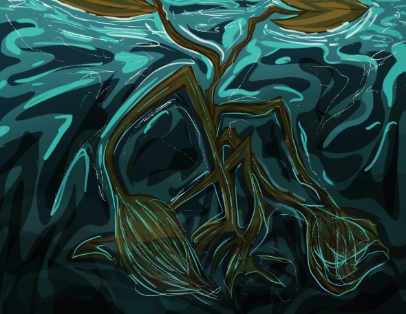 An illustration of a lotus flower with roots/flowers wilted/sunken in dark, murky water