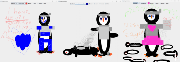An illustration created digitally from a rudimentary drawing software programmed for an assignment for COSC 10. The 3 drawings in this image feature a certain penguin character of questionable intentions alongside various other…entities against a predomin