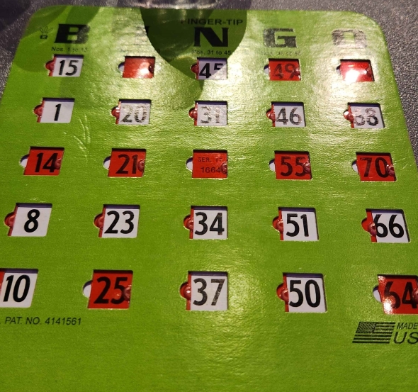 A green bingo card with a horizontal bingo in the middle (3rd) row out of 5.