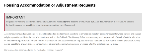 A screenshot of the "Housing Accommodation or Adjustment Request" page, where the question, "Do you need an accommodation for medical or religious reasons?" is displayed.