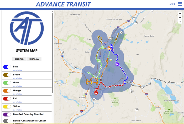 A screenshot of a comprehensive map of Advanced Transit bus routes.