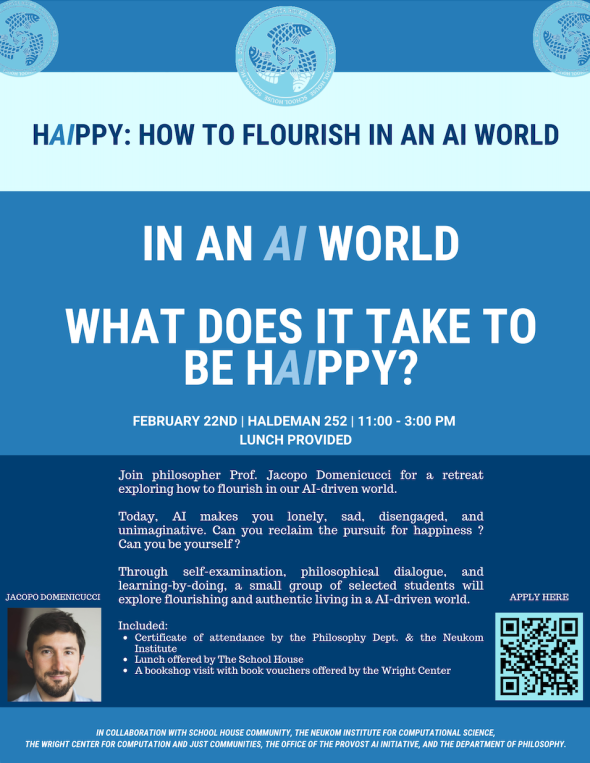 A blue poster that says, "Happy: How to Flourish in an AI world. In an AI World, what does it take to be HAIPPY?"