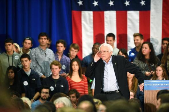 Bernie Sanders in front of crowd.