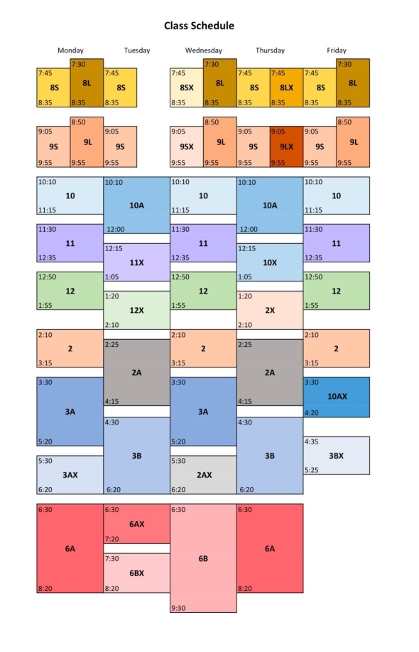 A schedule showing different class periods and the times and days they are held.