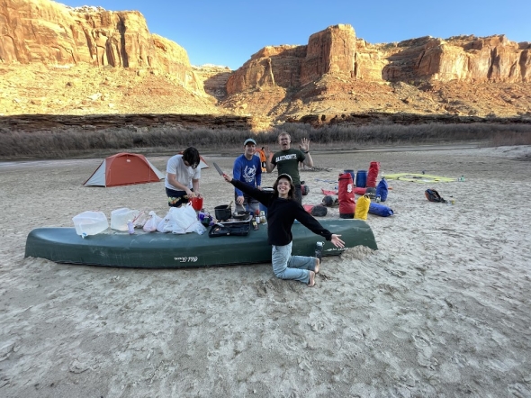 a picture of Kalina's trippees Sylvie, Ari, Ben, and Peter making dinner