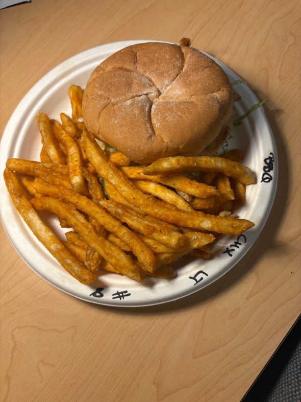 A paper plate with a burger and fries.